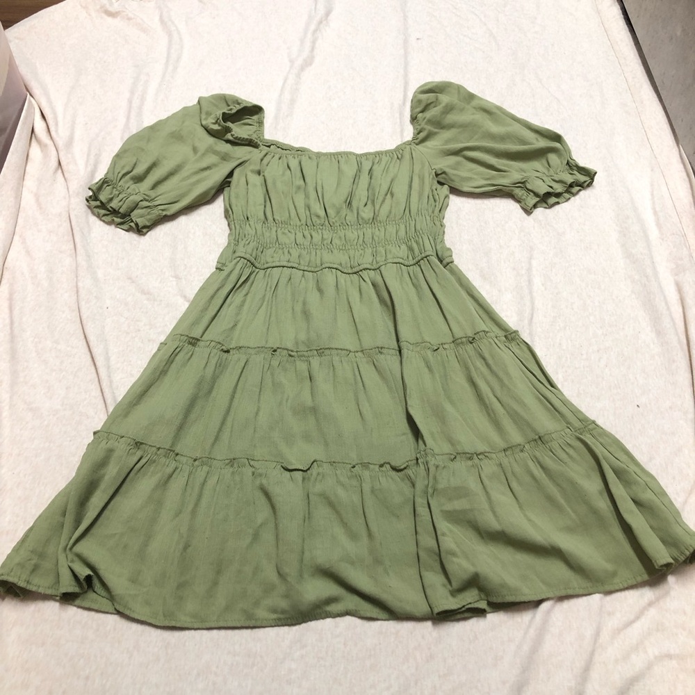 Milkmaid Peasant Cottagecore Smocked Bodice Dress With Tiered Skirt Soft Green